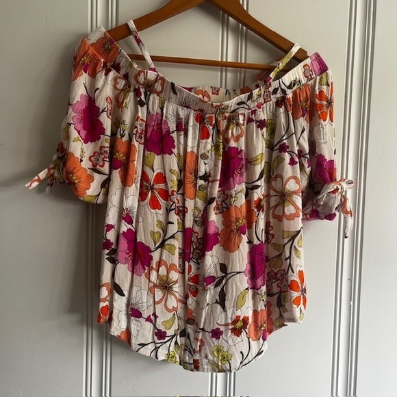 by & by Tops - Y2K Blouse Women Off Shoulder Crop Top Floral Fairy Cottage Core White Medium